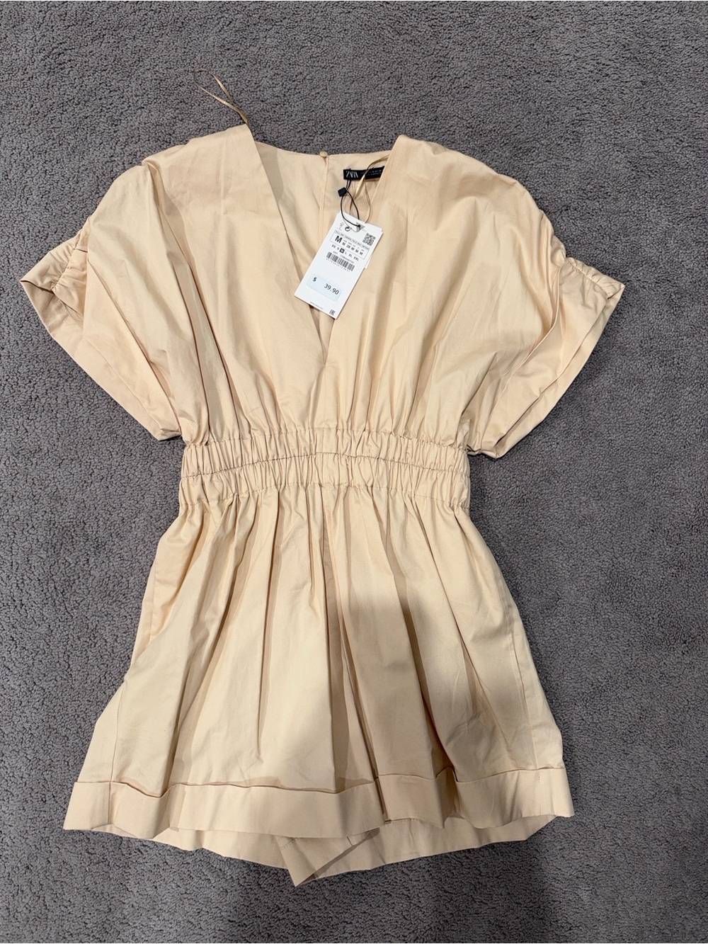 Zara Cream V-Neck Short-Sleeve Elastic-Waist Jumper